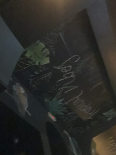 A sign reads "Tropical Vibes" in cursive script, adorned with tropical foliage illustrations. A monstera leaf is visible on the left, and an agave plant on the upper right. The lighting is dim, casting shadows that obscure some details. The sign appears to be positioned at an angle, with the bottom portion closer to the viewer.