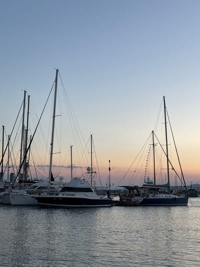 This media file captures a marina filled with sailboats docked side-by-side in calm water. The scene is set against a gradient sky, transitioning from a pale blue near the horizon to soft hues of peach and pink, suggesting either sunrise or sunset. The masts of the sailboats are a prominent feature, stretching upwards and crisscrossed with rigging, creating a geometric pattern against the sky. Some boats are docked closer to the foreground, showing their sleek hulls, while others are further back, forming a line along the water. The water itself is slightly rippled, reflecting the diffused light of the sky. The overall atmosphere is serene and tranquil, evoking a sense of peaceful repose as the day begins or ends. There are no people visible in the frame. The location context is the Municipal Unit of Dafni, Greece.