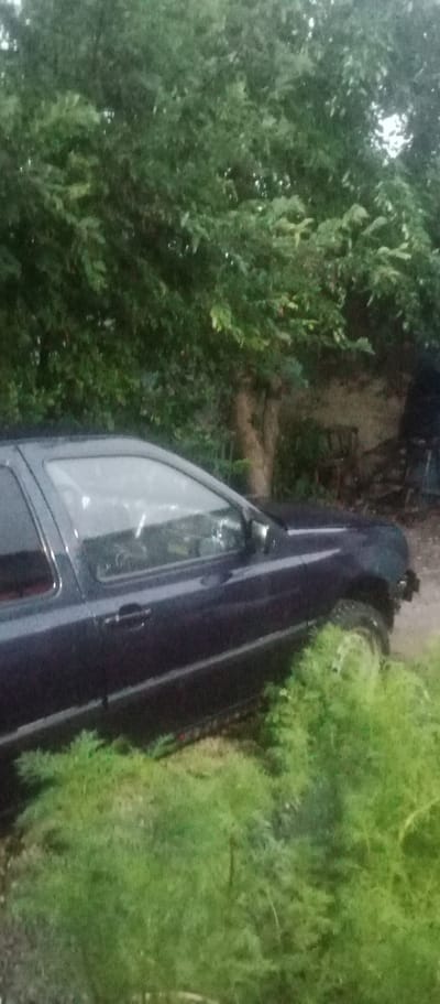 The image shows a dark-colored car, possibly a Volkswagen Golf, parked in an overgrown grassy area. The car is angled, with its front right wheel partially visible and the front bumper appearing damaged or removed. The car's windows are visible, and the interior is dark. Behind the car, there is dense green foliage, including trees and bushes. To the right, a dilapidated brick structure or wall is visible, with some wooden debris and possibly old furniture or building materials stacked against it. The overall impression is one of an abandoned or neglected outdoor space, likely in a rural or semi-rural setting. The location is specified as Marinovka, Kazakhstan.
