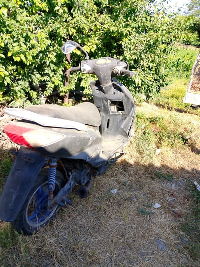 This media file showcases a black, somewhat weathered scooter parked outdoors, surrounded by lush green foliage and dry, overgrown grass. The scooter is positioned at an angle, with its rear end facing the viewer. Its tail light, which is red and white, is clearly visible. The rear wheel, with a blue rim and exposed suspension, is also prominent. The front of the scooter, including the handlebars, mirrors, and part of the seat, is visible, suggesting it is not in active use.
The setting appears to be a somewhat unkempt outdoor area, possibly a yard or a secluded spot, given the presence of dense bushes and dried vegetation. The bright sunlight indicates it is daytime, likely a warm day, with no visible clouds. The overall impression is one of abandonment or disuse, as the scooter seems to have been left in this spot for some time, accumulating dust and showing signs of wear. The background is dominated by a wall of dense green leaves, suggesting a natural or semi-natural environment.
No people are present in the image. No visible text is discernable in the media file. The location context is identified as Pryvilne, Ukraine, which, combined with the visual cues, paints a picture of a rural or semi-rural Ukrainian setting. The scene evokes a sense of stillness and perhaps a touch of melancholy due to the scooter's apparent disuse.