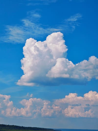 This vertical shot captures a vast, clear blue sky filled with dramatic, fluffy white cumulus clouds. A large, imposing cloud formation dominates the center of the frame, appearing almost sculpted with intricate details and shadows. Below this, a series of smaller, more scattered clouds stretch across the horizon, their undersides tinged with gray, suggesting a dynamic atmosphere.
In the lower portion of the image, a dark, tree-lined horizon line indicates a distant landmass, likely a forest, with a faint suggestion of a body of water or valley beyond. The overall impression is one of a bright, sunny day, likely mid-afternoon given the intensity of the sunlight and the crispness of the cloud formations. The scene evokes a sense of natural beauty and expansive openness, typical of a rural or wilderness setting. There is no visible text in the image. The setting is suggestive of a remote, natural landscape, consistent with a location like Podkamennaya Tunguska, Russia, known for its vast forests and open skies.