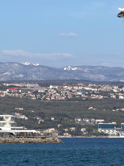 Here is a detailed description of the image:
The image presents a coastal scene in Opatija, Croatia. Mountains, partly covered in snow, form the backdrop on the left side of the image. Nestled between the mountains and the coastline is a cityscape characterized by residential buildings and denser vegetation. The right side of the image features the sea, its surface ruffled with waves. Along the shore are buildings and a rocky structure, possibly a seawall or breakwater. A seagull appears in the upper-left corner of the image. An orange buoy can be seen floating in the ocean. The image captures a blend of natural and built environments in the coastal setting of Opatija.