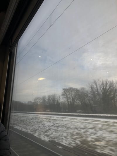 This image depicts a winter landscape in Dettwiller, France, viewed from inside a moving vehicle, likely a train. The scene is framed by a dark window casing on the left, with the window pane showing internal reflections of two small circular lights and one rectangular light, along with faint horizontal lines. In the lower-left, a portion of a human's left arm, clad in a dark quilted jacket, is visible. Outside, a snow-dusted field with exposed dark earth strips exhibits motion blur, consistent with movement. Parallel train tracks are visible at the bottom of the frame. A dense line of bare deciduous trees forms a dark silhouette against an overcast, grey sky with diffused light. No explicit human actions or direct interactions are depicted.