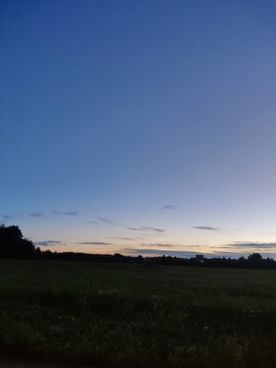 The image depicts a rural landscape at dusk in Aksakovo, Russia. The sky is a gradient of deep blue at the top, fading into lighter hues of blue and a faint orange glow near the horizon, indicating sunset. A thin crescent moon is visible in the sky, along with a few wispy clouds.
The foreground consists of a dark, grassy field with some wildflowers. A dense line of trees forms the horizon, silhouetted against the fading light. Beyond the trees, there are glimpses of buildings and what appears to be a tower in the distance, suggesting a settlement or village within the rural setting. The overall mood is peaceful and tranquil, characteristic of the end of the day. No people or explicit objects are the focus of the image, rather the natural scene and the transition from day to night.