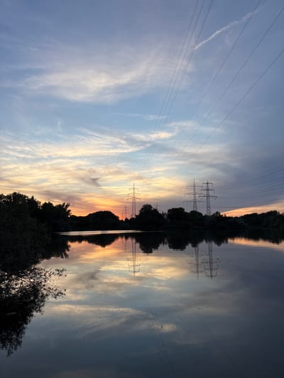 The image depicts a tranquil sunset scene over a body of water, likely a lake or river, in Ludwigshafen am Rhein, Germany. Silhouetted against the colorful sky are dense trees lining the opposite bank. Several tall electricity pylons with high-voltage power lines are visible, stretching across the frame and extending to the horizon. The sunset paints the sky with hues of orange, yellow, and soft blues, with wispy clouds adding texture. The calm water perfectly reflects the sky, the trees, and the pylons, creating a symmetrical and serene composition. The overall impression is one of natural beauty juxtaposed with industrial infrastructure, captured during the twilight hours.