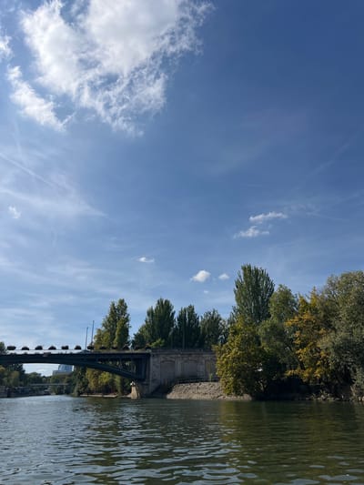 The image displays a daytime scene on the Seine River, featuring the Pont de Levallois in Levallois-Perret, France. The perspective is from the river, looking towards the bridge and its right bank. The sky is predominantly clear blue with scattered white cumulus clouds and several faint contrails.
The Pont de Levallois, a dark green metal arch bridge, spans the midground, its structure adorned with evenly spaced dark hanging planters along its upper railing. The bridge's stone abutment on the right bank is visible, constructed of light grey masonry. Adjacent to this abutment, the riverbank is heavily forested with tall, slender deciduous trees, mostly vibrant green, though some exhibit early autumnal yellowing. Below the stone abutment, the bank slopes down to the water, characterized by light-colored, disturbed earth or sand, with a section of temporary yellow or white fencing visible.
On the left bank in the distant background, another, smaller bridge is partially visible, behind which an urban skyline rises, including a distinct tall, modern building. The river water in the foreground and midground is a dark green-brown, featuring small ripples and reflections of the sky and surrounding foliage. No individuals or active human interventions are observable within the frame.