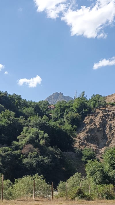 This is a vertical, full-shot photograph taken outdoors on a sunny day. The scene depicts a mountain landscape with lush green vegetation covering the slopes. In the mid-ground, a rustic, two-story house with a reddish-brown roof is nestled among the trees. A prominent, jagged mountain peak rises majestically in the background under a clear blue sky dotted with a few white clouds. The foreground features a fence made of wooden posts and wire, separating dry, grassy ground from the more verdant hillside. There is no visible presence of people or animals in the image. The image is set in the vicinity of Мирата, Tajikistan.