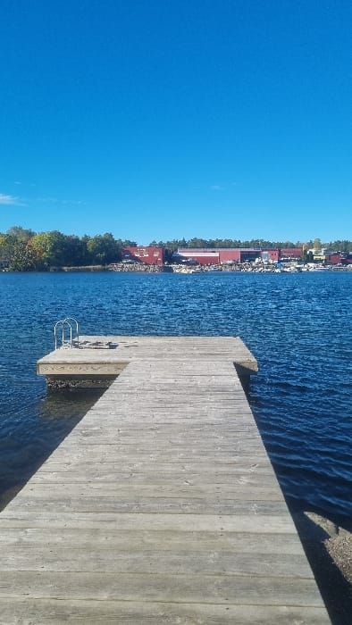 The image depicts a waterfront scene in Västervik, Sweden, under a clear, cloudless blue sky. A weathered, light-gray wooden dock, T-shaped at its terminus, extends into the dark blue, rippled water from the bottom foreground. A silver-colored metal swimming ladder or handrail is affixed to the left side of the dock's end. Across the water, the background shoreline features a line of trees with mixed green and autumnal foliage on the left. To the right, a cluster of large red-roofed buildings, possibly part of a boatyard or industrial complex, stands behind a marina where numerous white and light-colored boats are either stored on land or moored. No individuals or specific actions are discernible within the frame. The scene is illuminated by bright daylight.