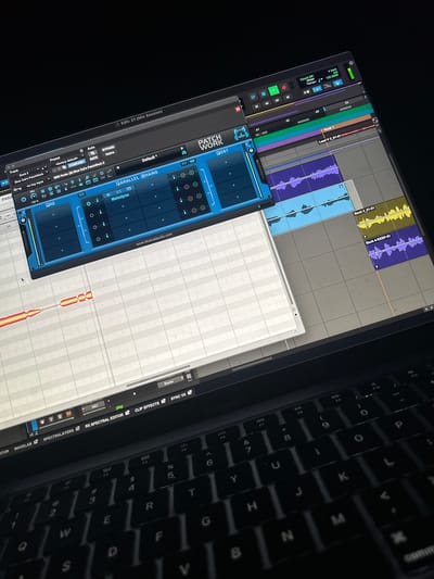 The image displays a close-up, angled view of an illuminated laptop screen and a portion of its backlit keyboard, observed in a dark environment. The laptop is a MacBook Air, identifiable by text partially visible above the function keys and its QWERTY keyboard layout.

The screen exhibits a digital audio workstation (DAW) interface, specifically a mix session titled "Edit: 21 (Mix Session)." Transport controls indicate a tempo of 120.0000 BPM and a 4/4 meter. Prominently featured on the left side of the screen is a plugin window identified as "PATCHWORK" by Blue Cat Audio, displaying "PARALLEL CHAINS" and referencing "Melodyne." Below this plugin, a piano roll editor shows a horizontal sequence of red and orange musical data. To the right, an arrangement view displays multiple audio tracks with visible waveforms, including tracks labeled "Lead V 2_01-01," "Back 3_01-01," and "Back 4-RXSP-01." A vertical playhead cursor is visible within the arrangement view. The bottom of the screen shows additional software integration labels such as "WAVELAB," "SPECTRALAYERS," and "RX SPECTRAL EDITOR." A mouse cursor is positioned within the piano roll grid on the left.

No individuals or other significant objects are visible within the frame. The precise location within the city of Hagen, Germany, is not discernible from the visual evidence presented.