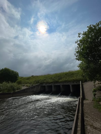 The image captures a concrete structure with multiple square openings, from which water is flowing out and creating turbulent white water on the surface. The water channel appears to be man-made. Above the structure, a grassy embankment slopes upwards, covered in green vegetation. In the distance, trees are visible on the left and right sides of the frame, with lush green foliage. The sky is partly cloudy, with the sun visible through a break in the clouds, casting a bright, slightly diffused light and creating a halo effect. The overall scene suggests an outdoor environment, possibly a dam or floodgate, in a natural or semi-natural setting. There are no people or animals present in the image. The location is identified as Березник, Russia.