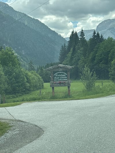 A wooden sign with white lettering is positioned in a green grassy field in Flachauwinkl, Austria. The sign reads "FERIENWOHNUNGEN Materlgut Haus Ottilie Fam. Mooslechner". The sign is weathered and has a dark wood roof. Behind the sign, a dense forest of evergreen trees covers the slopes of a mountain. The sky is overcast with scattered clouds. A paved road curves into the foreground of the image, with a gravel shoulder. The overall scene depicts a rural mountain landscape.