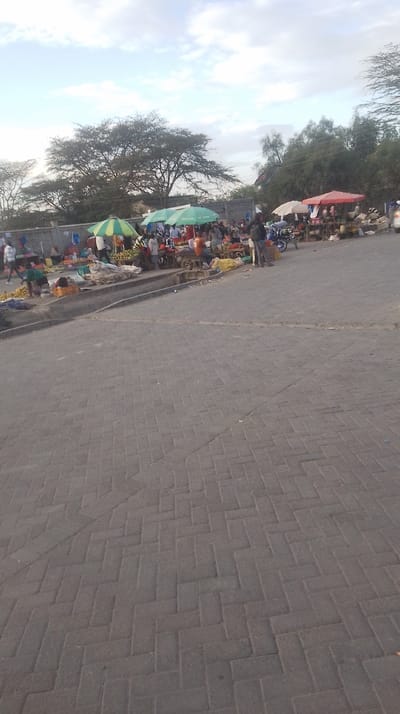 An outdoor market scene unfolds under a bright sky. Vendors display goods beneath a row of umbrellas. People mill about, some appearing to be customers. A paved area occupies much of the foreground, leading up to the market area. Trees stand in the background, adding a touch of nature to the commercial setting. A motorcycle is visible near the market stalls.