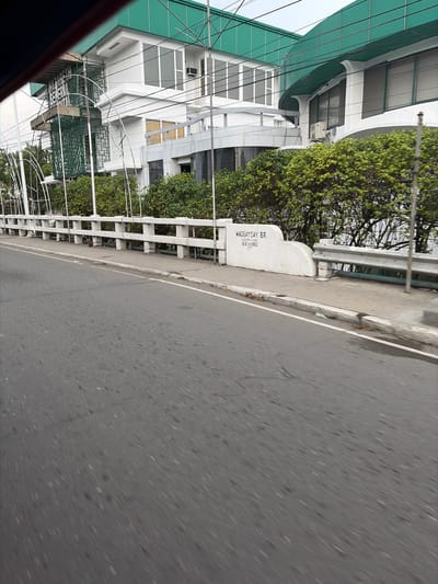 The image is a slightly tilted, eye-level shot of a road and a building from the perspective of someone in a vehicle. The road takes up the right half of the frame, showing a gray asphalt surface with faint white lines. On the left side of the road, there is a white concrete barrier, part of a bridge, with a weathered look. White text is inscribed on this barrier, reading "MAGSAYSAY BR." and below it, a series of numbers and what appears to be a name. Beyond the barrier, a multi-story white building with green accents is visible. It has large windows, some with blinds. Lush green trees with dense foliage are situated between the road and the building. The overall scene suggests an outdoor setting in a built-up area, possibly a city or town, on a cloudy or overcast day. The image is sharp enough to discern architectural details and foliage, but the motion of the vehicle is subtly implied by the slight blur and tilt. There are no people visible in the frame. The presence of a bridge suggests a body of water or a roadway over an obstacle. The text "MAGSAYSAY BR." indicates that this is likely Magsaysay Bridge in Dagupan, Philippines.