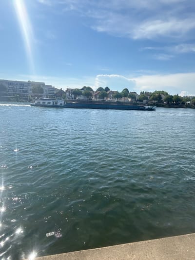 This image captures a scenic view of the Seine River in Villeneuve-le-Roi, France. The sun is shining brightly, casting a lens flare across the upper left quadrant of the image and reflecting off the water's surface. A long barge is navigating the river, its hull partially submerged. Along the riverbank, a line of buildings and trees forms the backdrop. The water itself appears somewhat murky, with several pieces of debris floating on the surface, including what appears to be a plastic bottle near the bottom right of the frame. The foreground consists of a concrete embankment. The sky above is a clear blue, dotted with scattered white clouds.