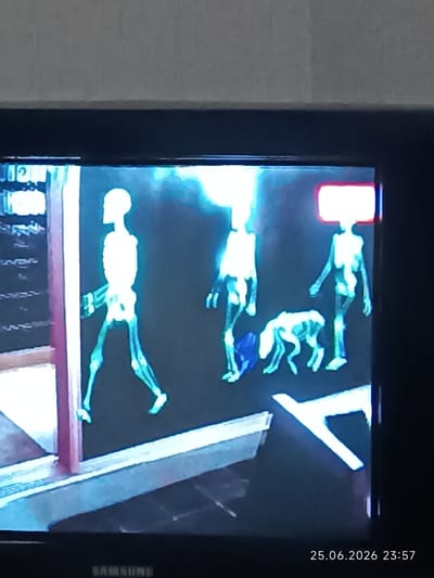 The image displays a television screen showing a stylized animation or video game scene. The central subjects are three skeletal figures, appearing to be humanoids, rendered in a pale, glowing blue and white against a dark background. One figure is on the left, walking away from the viewer and towards a doorway. To its right, two more figures are present. One of these is in the middle, and it appears to be a quadrupedal animal, possibly a dog, sniffing the ground. The third figure, on the far right, is also walking and seems to have a rectangular object with a red border above its head, perhaps a sign or a power-up.

The setting appears to be an indoor or stylized outdoor environment with elements of architecture. On the left, a doorway with a red frame and a visible interior suggests an entrance or exit. A white, horizontal, block-like structure runs along the bottom of the screen, and a white arrow-like shape is visible on the right side, pointing upwards and to the left. The overall aesthetic is simplistic and graphic, with a focus on luminous outlines and silhouettes.

The scene depicts a movement or progression, with the figures walking. There are no clear indications of time of day or weather, as the background is dark and stylized. The location context provided is Bolhrad, Ukraine, but there are no specific visual cues within the image to confirm this location.

Visible text at the bottom right of the screen reads "25.06.2026 23:57", indicating a date and time, likely from a recording or timestamp superimposed on the image. The brand name "SAMSUNG" is faintly visible on the lower bezel of the television.