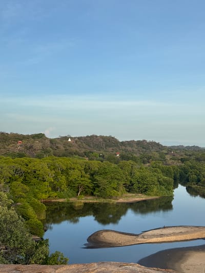 This is a vertical, eye-level, wide shot of a landscape scene in Ulla, Sri Lanka. The image features a calm, reflective body of water on the right side, with a sandy bank and lush green trees lining its opposite shore. The trees form a dense forest that stretches up a hillside, disappearing into a hazy, distant landscape. A few small structures, possibly buildings with red roofs, are visible nestled amongst the trees on the slope. The sky is a clear, pale blue, with a faint gradient towards a lighter hue at the horizon. The overall atmosphere is serene and tranquil, suggesting a peaceful natural setting, likely during daylight hours. There is no visible text in the image.