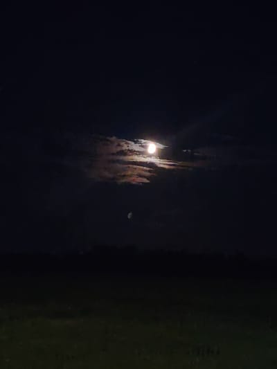 The image depicts a nighttime landscape under a partially cloudy sky. The full moon is the dominant celestial object, casting a bright light that illuminates some of the clouds, giving them a reddish and yellowish hue. Below the moon, a smaller, crescent-shaped object, possibly another celestial body or a reflection, is visible. The horizon is lined with the dark silhouette of trees, suggesting a rural or natural setting. In the foreground, a dark grassy field is dimly lit by the moonlight, with subtle variations in tone and texture indicating uneven ground. The overall impression is one of a serene, moonlit night in a natural environment. The specific location of Краснадворскі сельскі Савет, Belarus, is not discernible from the visual information within the image itself.