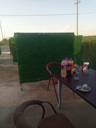 This is an outdoor scene in the city of Shar-Bakr, Uzbekistan, featuring a seating area with a table and chairs set up in front of a decorative green wall made of artificial foliage. The table is a dark, rectangular surface with a wooden top and metal legs. On the table, there are three bottles of soft drinks, one orange and two darker liquids. Several glasses are arranged on the table, along with a salt and pepper shaker set, a napkin dispenser, and a small teacup with a saucer and spoon, featuring a blue and white intricate design. One of the chairs, upholstered in brown fabric, is positioned at the table. Another chair, partially visible in the foreground, also has a brown upholstered seat and backrest. The ground is a concrete or asphalt surface. In the background, there are more decorative green walls, suggesting a larger outdoor dining or seating area. Further back, there are hints of vegetation, a road, and utility poles with wires. The sky is clear with a pale blue hue, indicating it is likely late afternoon or early evening.