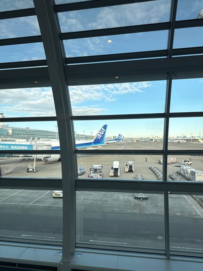 An airport tarmac viewed through a window shows several ANA (All Nippon Airways) airplanes. The nearest plane is being serviced by ground crew and equipment. In the background, other ANA planes are parked, awaiting their turn. The sky is partly cloudy. The view is obstructed by the structural framework of the building's window.