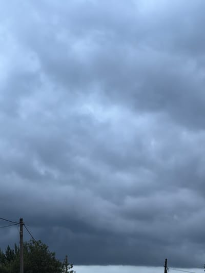 The image depicts a sky filled with dark, ominous storm clouds. In the foreground, the tops of evergreen trees are visible on the left, with a utility pole and wires extending across the frame. On the right side of the image, another utility pole is partially visible. The overall scene suggests an approaching storm in Oreshniki, Russia.