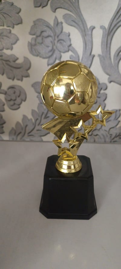 A close-up, eye-level, indoor shot shows a gold-colored soccer trophy with a black base. The trophy is positioned in the center of the frame, resting on a light-colored surface. The background features a patterned wallpaper with a gray floral design. The trophy itself is topped with a gold soccer ball, adorned with hexagonal panels. A gold-colored decorative element shaped like a cluster of stars extends from the side of the soccer ball. The black base is octagonal in shape. The lighting is somewhat bright, causing reflections on the trophy's surface, including a reflection of what appears to be a person taking the photograph.
