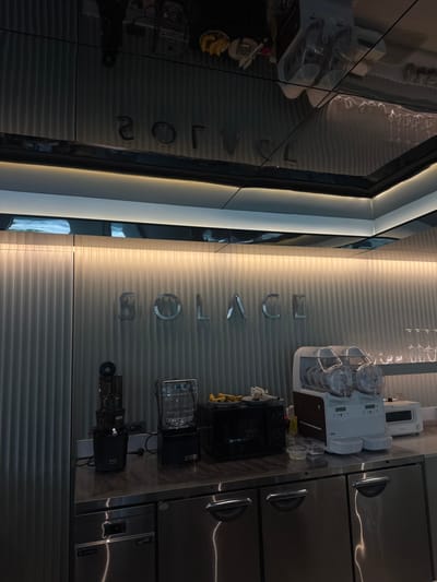 A modern kitchen scene displays appliances such as a plate warmer, dishwasher, oven, and refrigerators. The brand "SOLACE" is vertically spelled out on a corrugated light-colored wall, adjacent to the appliances. A dark, reflective surface mirroring the scene is visible on the left, creating a distorted, duplicate view. Bananas are seen on a plate in the reflection.