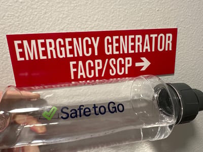 A red sign with white lettering reads "EMERGENCY GENERATOR FACP/SCP" with an arrow pointing to the right. Below the sign, a clear plastic water bottle with a dark gray lid is held by a hand. The bottle has a green checkmark and the words "Safe to Go" printed on it. The background is a textured white wall. The location is Lynnwood, United States.