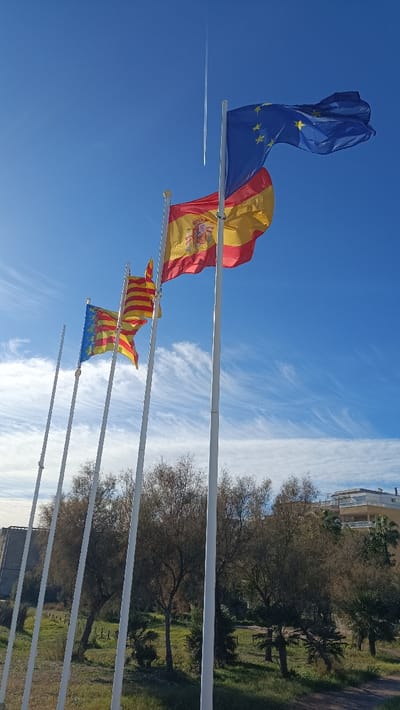 This photograph, captured in El Grau De Moncofa, Spain, presents an outdoor scene featuring four flags flying under a clear blue sky. From right to left, the flags are: the blue flag of the European Union with yellow stars, the red and yellow flag of Spain displaying its coat of arms, and two flags of the Valencian Community, characterized by red and yellow stripes with a blue stripe and crown on the hoist side. All flags are attached to white, cylindrical flagpoles and are extended by wind, indicating movement.
The sky is a bright, deep blue with wispy white cirrus clouds present, particularly in the mid-left and lower right portions. A thin, white contrail from an aircraft extends vertically in the upper central-left area.
Below the flags, the mid-ground and background consist of a landscaped area. This environment includes numerous trees, some exhibiting brown, sparse foliage consistent with deciduous species, and others with denser, green foliage, including at least two small palm trees. The ground is covered with green grass and visible patches of earth or pathways. In the upper background, specifically to the right, a multi-story, light-colored building with balconies is discernible. To the far left, a large, dark, geometric structure, possibly part of a building or infrastructure, is partially visible. No people are present in the image.