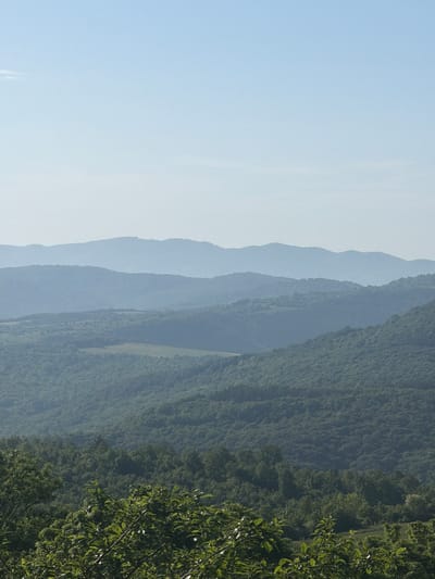 The image shows a layered mountain range extending horizontally. The leftmost part of the frame is dominated by a pale blue sky. To the right, progressively darker mountain ranges are visible, fading into the distance. The closest range is densely forested with green trees visible on the right. The image likely captures the landscape around Novogortsi, Bulgaria.