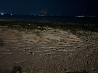 The image shows a dark, sandy beach with visible ripples in the sand, suggesting a tidal area or wind-blown sand. There is a line of dark green vegetation along the edge of the sand, bordering a dark body of water. In the water, a small, wooden structure, possibly a fishing platform or a small boat, is visible. Several small, bright lights are scattered across the dark water, indicating either distant lights on land or lights on boats. The overall lighting suggests it is either dawn or dusk, with the sky being a deep, dark blue. There are no people visible in the image. The location is identified as Legonipah, Indonesia.