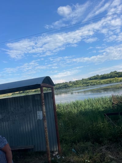 The image, taken in Yasnyshche, Ukraine, depicts an outdoor scene with a wide expanse of blue sky dotted with white, wispy clouds. In the foreground, a corrugated metal structure with rusty metal supports occupies the bottom right portion of the frame. Some green vegetation, including tall reeds and other plants, grows to the right and behind this structure.

Beyond the immediate foreground, a calm body of water is visible, reflecting the sky and the lush green treeline that borders the opposite bank. The trees appear dense and form a natural barrier along the water's edge, suggesting a rural or natural setting. Power lines stretch diagonally across the sky on the left side of the image, indicating the presence of infrastructure. The overall impression is one of a sunny day, likely late morning or early afternoon, given the bright light and clear skies.

There are no discernible people actively engaged in an activity, although a person's arm and shoulder, wearing a striped garment, are visible at the very bottom right edge of the frame. Some indistinct text is present on a piece of paper attached to the corrugated metal structure, but it is too small and blurry to be legible. The scene evokes a sense of tranquility and natural beauty, characteristic of a lakeside or riverbank environment.