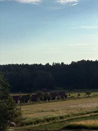 The image depicts a rural landscape with a line of rustic stone houses with red roofs situated in a grassy field. A dense forest of dark green trees forms a backdrop. The sky above is a pale blue with a few wispy white clouds. In the foreground, a person is visible from the back, walking in a grassy area. A parked car and a lamppost are also present in the foreground, near some trees. The scene appears to be in Erakovići, Montenegro, based on the visual cues of the traditional architecture and the natural environment.
