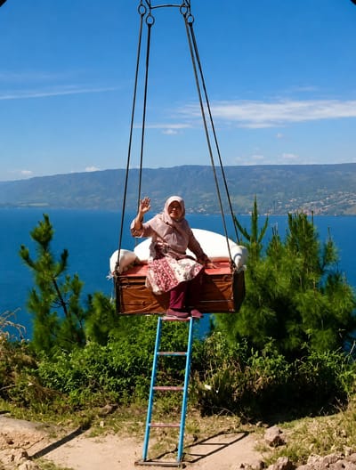 A woman wearing a pink hijab and a patterned skirt is seated on a swing constructed from a wooden chest, suspended by ropes from an overhead frame. She is waving with her right hand. The swing is positioned in front of a scenic backdrop of a large body of water, with mountains in the distance and a clear blue sky above. Green trees and lush vegetation surround the swing and frame the foreground. A blue ladder with red rungs is placed beneath the swing, likely for access. The scene is set outdoors in a natural environment, possibly a tourist attraction. The location is identified as Parik Sabungan, Indonesia.