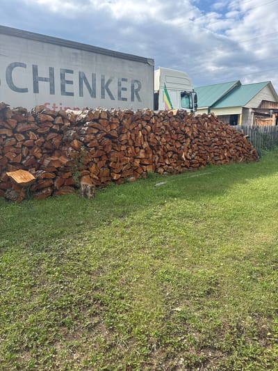 A large pile of chopped firewood is stacked in front of a white semi-trailer truck with "CHENKER" written on its side. The truck is parked on a gravel or dirt area, with green grass extending into the foreground and to the right. In the background, there are two buildings with green metal roofs, and a wooden fence. The sky is partly cloudy. The scene appears to be in a rural or semi-rural setting, possibly in Yabogan, Russia. There are no people visible in the image.