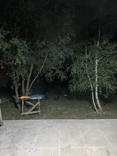 In an outdoor, grassy area at night, a temporary setup suggests an abandoned gathering. A small, blue inflatable pool sits on the grass, accompanied by a roughly constructed wooden table holding a colorful umbrella and a green spray bottle. To the right, a birch tree with distinctive white bark stands tall, its leaves illuminated from an unseen light source. The ground is unevenly covered in grass and scattered with debris, including discarded bottles and plastic items. A concrete patio or walkway is visible in the foreground. The scene appears to be in an area with natural vegetation, possibly a backyard or park, in the vicinity of Радваніцкі сельскі Савет, Belarus.