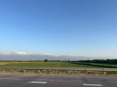 This media file depicts a scenic landscape under a clear blue sky with a sliver of the moon visible. The foreground features a paved road with white lane markings, bordered by a metal guardrail with yellow reflective markers. Beyond the guardrail, a vast agricultural field stretches towards a distant mountain range. The fields are a vibrant green, suggesting a growing season. In the mid-ground, scattered trees dot the landscape, with one particularly prominent tree standing out. The distant mountains are snow-capped, indicating their height and a cool climate at higher altitudes. The overall scene suggests a rural setting in daylight, likely morning or late afternoon given the quality of light. There are no people or specific objects other than those typical of a roadside and agricultural landscape. The location context places this scene in Қарабұлақ, Kazakhstan. The presence of the moon in the daytime sky and the snow-capped mountains hint at a location with clear air and significant elevation. The mood is serene and expansive, evoking a sense of natural beauty and open space. There is no visible text in the image.