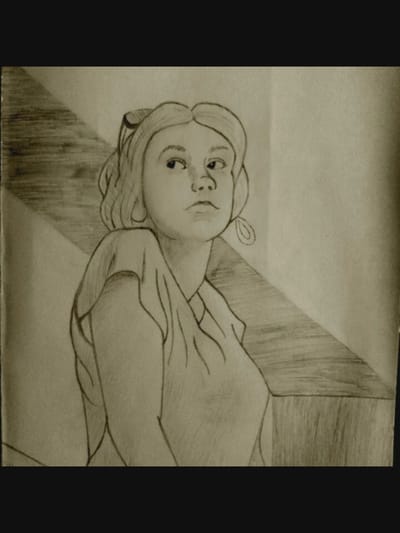 The image is a pencil sketch of a young woman. She is depicted from the chest up, with her head turned to her right and her gaze directed upwards and to the left. Her hair is pulled back, and she is wearing a simple, loose-fitting garment. She has a neutral expression. To the left of the woman, there is a textured, angular background element that could be interpreted as part of a staircase or architectural feature. The overall tone of the sketch is monochromatic, with variations in shading to create depth and form. The location in Norcia, Italy is not depicted or suggested by the image.