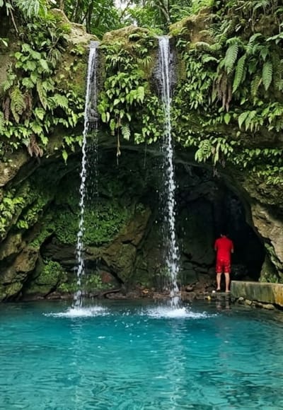 The image depicts a natural grotto with a pool of clear turquoise water at its base. Two narrow waterfalls cascade down a moss-covered rock face adorned with lush green ferns and vegetation. To the right, a person wearing a red t-shirt and red patterned shorts stands on a concrete ledge at the entrance to a dark cave. The surrounding environment is densely vegetated, suggesting a tropical or subtropical location. The scene captures a serene and inviting natural setting. The location is identified as the Marjan Batu Caves in Penungkiren, Indonesia.