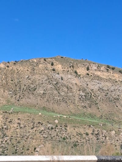The image shows a rocky, sparsely vegetated mountainside under a clear blue sky. The perspective is from below, looking upwards at the slope. The mountain face is textured with rocks and dry earth, with patches of green grass and small bushes scattered across it. A thin, dark line, likely a wire or cable, runs diagonally across the mountain face in the mid-right portion of the image. To the far right, a light-colored, textured object, possibly a wooden pole or fence post, is partially visible. The bright blue sky suggests it is daytime, and the lighting indicates it is likely sunny with no clouds. There are no people or animals visible in the frame, and no text is present. The scene appears to be a natural, undeveloped landscape, possibly in a rural or mountainous region.