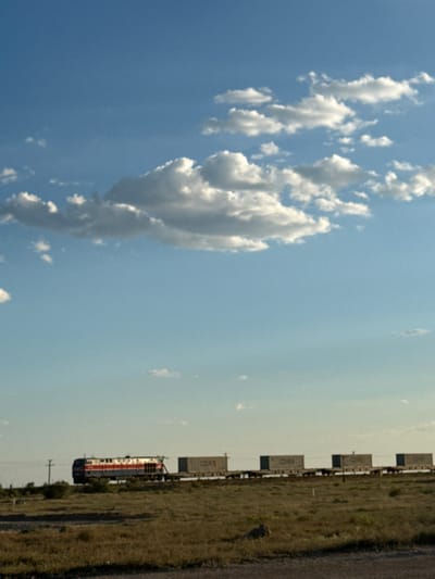 An outdoor, low-angle, medium shot captures a freight train moving from left to right across a vast, grassy plain under a bright blue sky filled with scattered white clouds. The train is composed of a red, white, and blue locomotive and several flatbed cars carrying shipping containers. The landscape is dry and sparse, with a few low-lying bushes and a utility pole visible in the distance. The overall impression is one of a rural, open landscape typical of the region around Töretam, Kazakhstan, a location known for its access to the Baikonur Cosmodrome and vast steppes. No people are visible in the frame.