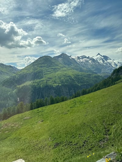 The image depicts a scenic mountainous landscape in Heiligenblut am Großglockner, Austria. The foreground is dominated by a steep, vibrant green grassy slope, indicative of a mountain meadow. In the mid-ground, a dense forest of evergreen trees covers the lower slopes of a large, verdant mountain. Further in the distance, majestic snow-capped peaks of the Alps rise against a dynamic sky filled with scattered white clouds and streaks of cirrus clouds against a bright blue backdrop. A narrow waterfall is visible cascading down the side of one of the green mountains. The overall impression is one of natural grandeur and alpine beauty, likely captured during a daytime excursion.