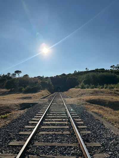 The image shows a straight railroad track leading towards a dark tunnel entrance nestled within a grassy, tree-lined hill. The sun is high in the clear blue sky, casting a strong glare and lens flare. The tracks are made of metal rails on wooden sleepers, embedded in a bed of gravel. The surrounding landscape is dry and somewhat arid, with sparse vegetation and brown grass. The tunnel appears to be made of stone or concrete. The scene is set in Générargues, France.