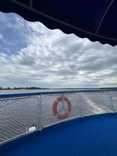 This is a photograph taken from the deck of a boat, looking out towards a body of water. The sky is overcast with dramatic clouds. In the foreground, a blue deck leads to a metal railing with a mesh infill. An orange life preserver is attached to the railing. Beyond the railing, the water is choppy, and a distant shoreline with trees is visible. A white object, possibly a bird or debris, is visible on the edge of the deck. The image is taken on a cloudy day.