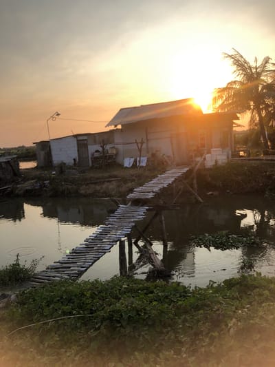 The image depicts a rustic scene at sunset in Plumbon, Indonesia, characterized by a simple dwelling near a body of water. A makeshift wooden bridge, constructed from bamboo or similar material, spans the water, leading towards a modest, weathered house. The house appears to be made of corrugated metal and concrete blocks, with a sloped roof. The sun, a bright orb, is visible in the upper right portion of the frame, casting a warm, golden light across the sky and reflecting on the water. Tall palm trees are silhouetted against the bright sky to the right of the house. The environment appears somewhat unkempt, with overgrown vegetation and debris visible along the banks of the water. The water itself is murky and reflects the surrounding structures and the sky. In the foreground, lush green plants and foliage are prominent. There are no people visible in the image, but the presence of a bicycle leaned against the house suggests human habitation. The overall impression is one of a peaceful, rural setting bathed in the soft glow of twilight.