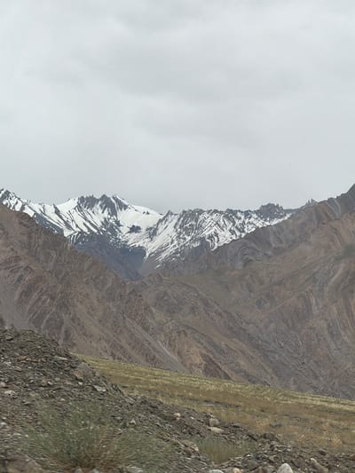 The image depicts a mountainous landscape with snow-capped peaks under an overcast sky. The foreground features a rocky slope covered with sparse, dry vegetation. The mid-ground consists of barren, brown hills with visible strata and erosion patterns. In the background, the majestic snow-covered mountains rise, their rugged contours accentuated by the muted lighting. The scene appears to be a natural, undeveloped environment, likely in a high-altitude region. The location is identified as Zangla, India. There are no people, objects, or actions depicted in the image; it is a static, environmental scene.