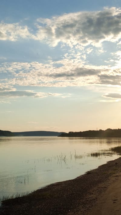 This forensic description details an exterior landscape scene captured in or near the city of Шолья, Russia. The image depicts a vast, calm body of water, likely a river or lake, under a partially cloudy sky during either dawn or dusk.
The upper two-thirds of the image consist of a light blue sky transitioning to a pale yellow-orange glow on the right horizon, indicating the position of a low sun, partially obscured by clouds. Various cloud formations are present, including scattered white altocumulus-like clouds across the lower sky and larger, more diffuse greyish-white stratocumulus clouds in the upper and mid-sky.
The middle ground features a tranquil body of water, reflecting the soft light of the sky with a smooth, greenish-blue hue. Minimal ripples are visible on the water's surface. Scattered, thin, dark vertical elements, consistent with reeds or submerged branches, protrude slightly above the water in the mid-right section.
A dark, silhouetted landmass, composed of distant hills or a forested bank, spans the horizon line, separating the sky from the water. On the right side of this distant land, a cluster of trees and a faint vertical structure, possibly a transmission tower, are visible against the lighter sky.
The foreground, occupying the bottom right quadrant, consists of a gently curving shoreline composed of dark brown sand and small pebbles. A thin strip of dark green vegetation or grass is visible at the immediate water's edge on the far left of the foreground. No human subjects, animals, or active interactions are present in the scene.