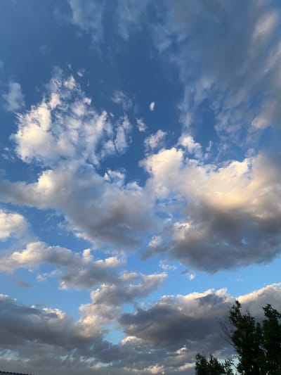 The image shows a sky filled with clouds. The sky is a clear blue, with fluffy white and gray clouds scattered across it. Some of the clouds are illuminated by the sun, giving them a warm, golden hue. There are also some darker, more ominous clouds in the distance. The bottom of the image shows the tops of green trees. The location of this scene is Ленинское сельское поселение, Ukraine.