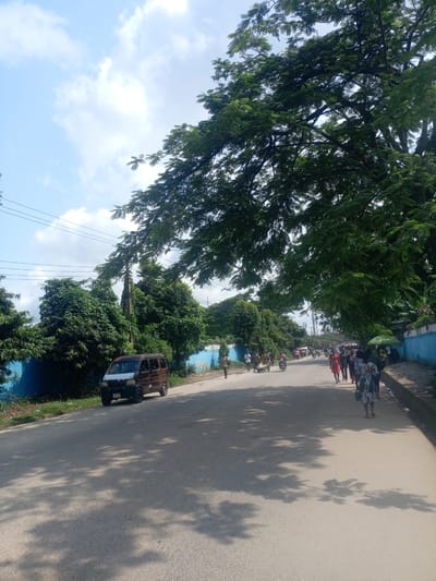 This is a medium-distance, eye-level shot of a paved road in Alakahia, Nigeria, with a bright, cloudy sky. A large tree with dense green foliage extends from the upper right corner, casting shadows on the road. On the left side of the road, there is a brown and white van parked. Beyond the van, there are rows of green trees and a blue wall. The road is populated with several people walking and a few motorbikes and a bicycle. Some individuals are walking on the right side of the road, and there is a green umbrella structure near them. The road appears to be a common thoroughfare with some evidence of wear and tear.
