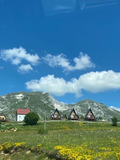 The image depicts a scenic mountainous landscape with several A-frame cabins situated on a grassy hillside. In the foreground, a meadow is carpeted with yellow and white wildflowers. A white fence runs along the hillside, separating the meadow from the area where the cabins are located. Behind the cabins, a larger mountain range rises, with patches of snow visible on its upper slopes. The sky is a clear blue with scattered white clouds. The scene appears to be a tranquil rural setting, likely in a mountainous region like Pašina Voda, Montenegro, known for its natural beauty. There are no people or animals visible in the image.