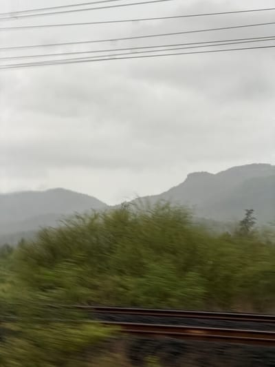 The image captures a landscape scene with motion blur, suggesting it was taken from a moving vehicle, likely a train, given the presence of railway tracks in the foreground. The environment is dominated by rolling hills or mountains in the background, partially obscured by a hazy, overcast sky. Dense green foliage, also blurred due to motion, fills the middle ground, with some taller trees visible on the right side. The railway tracks, appearing dark and metallic, run horizontally across the lower portion of the frame. The overall impression is one of a lush, natural setting under a cloudy sky. There are no people or specific identifiable landmarks in the image.
